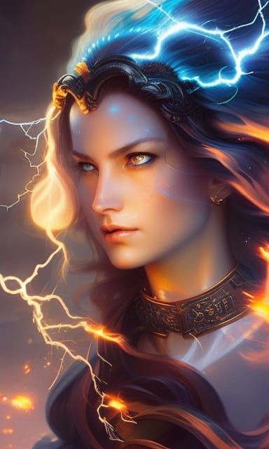Lightning Witch Portrait in Detailed Fantasy Art Style