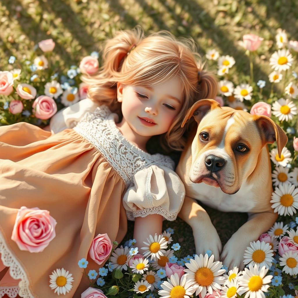 Girl and Dog in Pastel Flower Garden as 3D Render