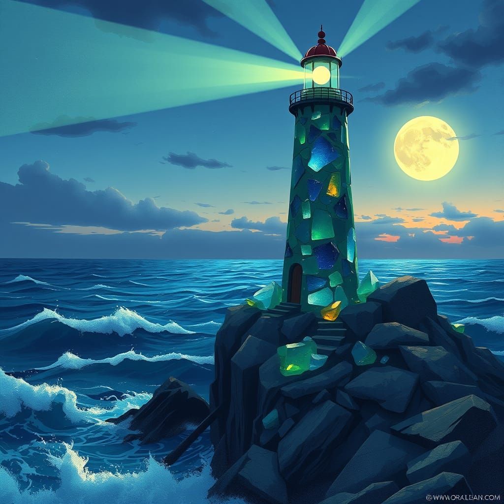 Glowing Emerald Sea Glass Lighthouse at Twilight