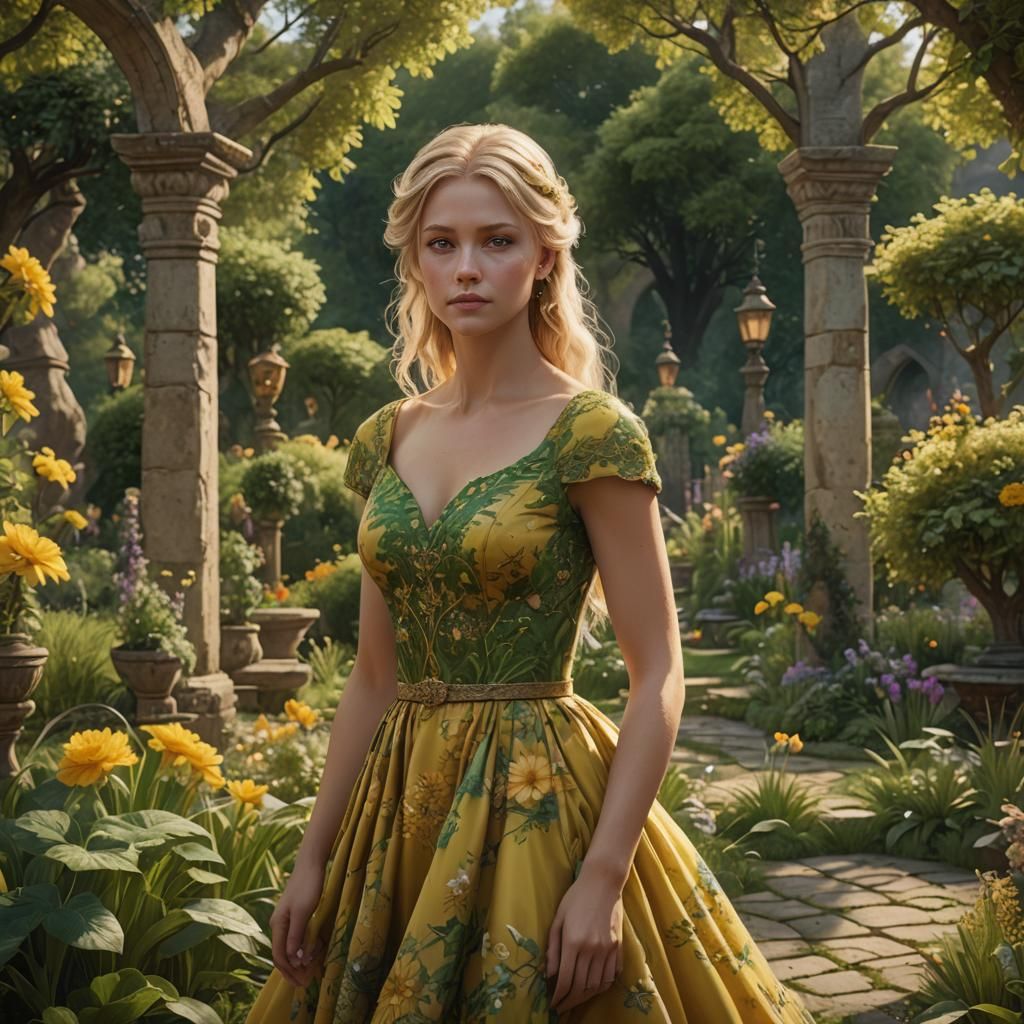 Blonde Woman in Yellow Dress, Detailed Matte Painting