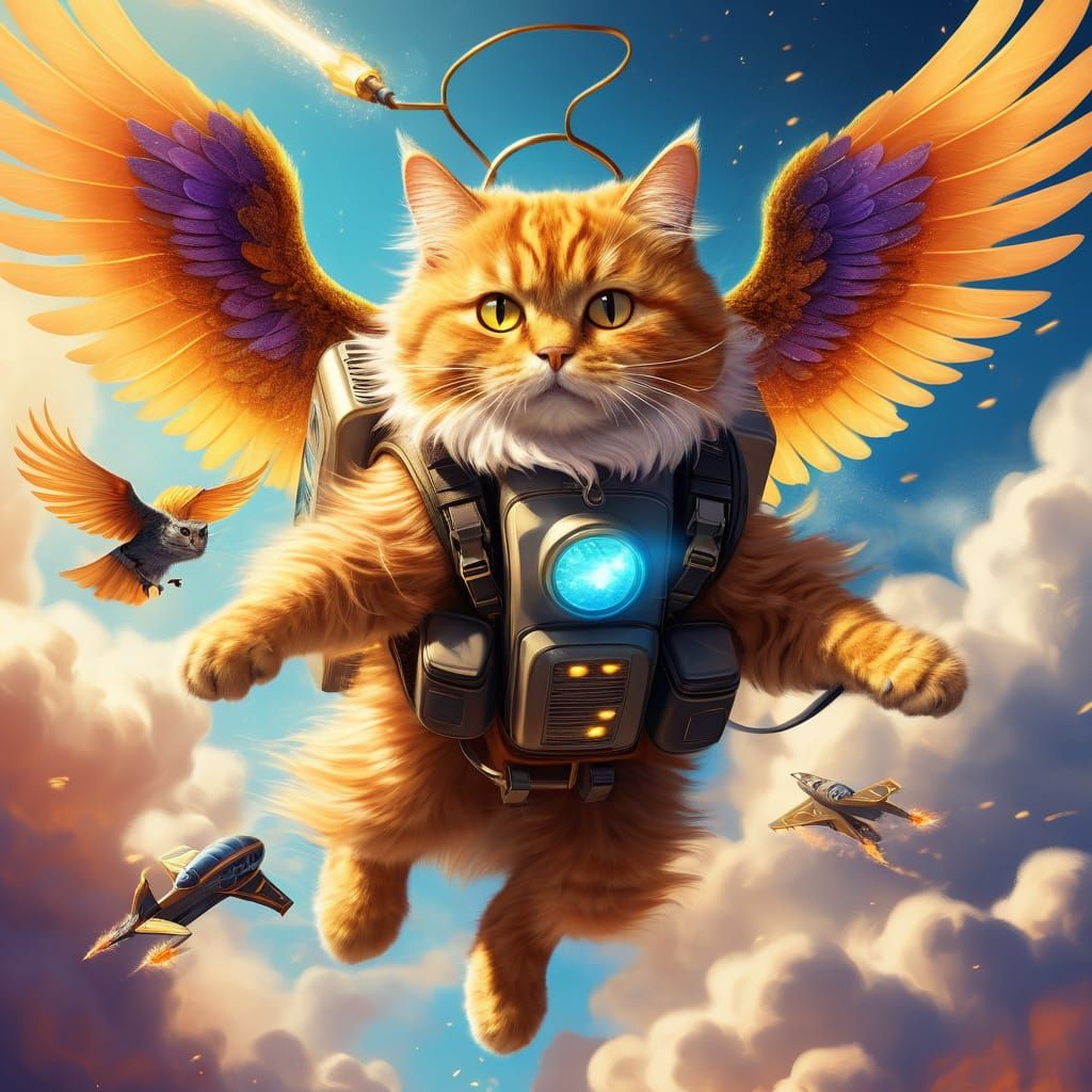 Whimsical Fluffy Winged Cat in Flight: Digital Art