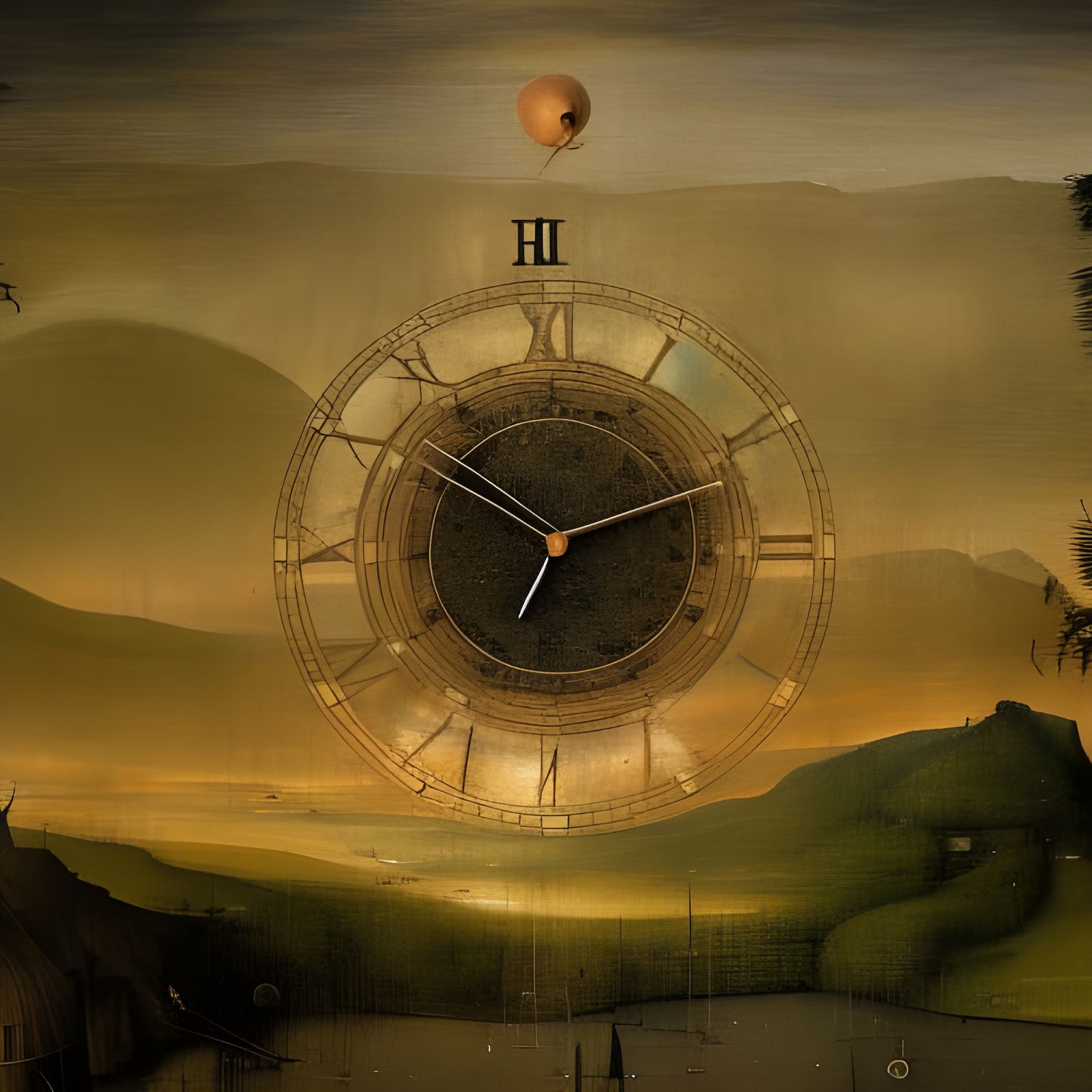 Surreal Clock in Bizarre Landscape, Bosch Style