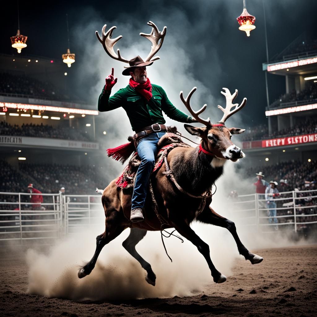 Christmas Cowboy Rides Reindeer in Dark Rodeo