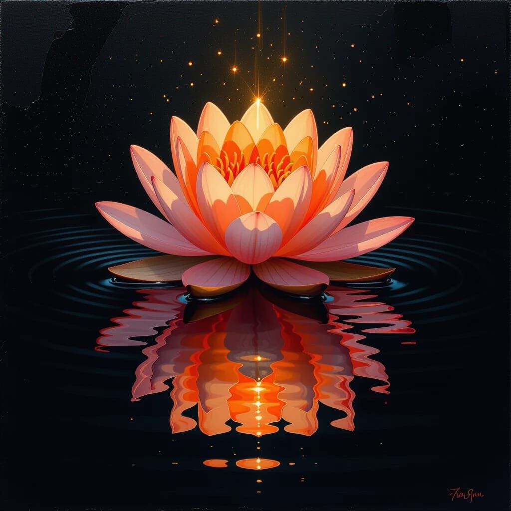 Vibrant Orange Lotus on Black Water Reflection