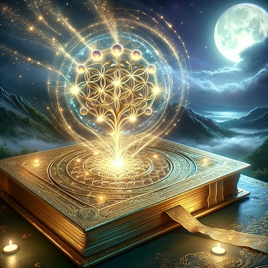 Surreal Golden Book Radiates Love Energy Through Moonlit Sta...