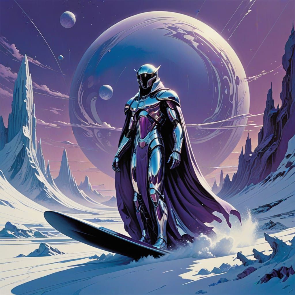 Silver Surfing Deity in Celestial Snowscape