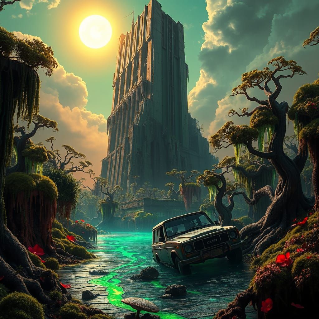 Futuristic Dystopia in Vibrant Bioluminescent Jungle