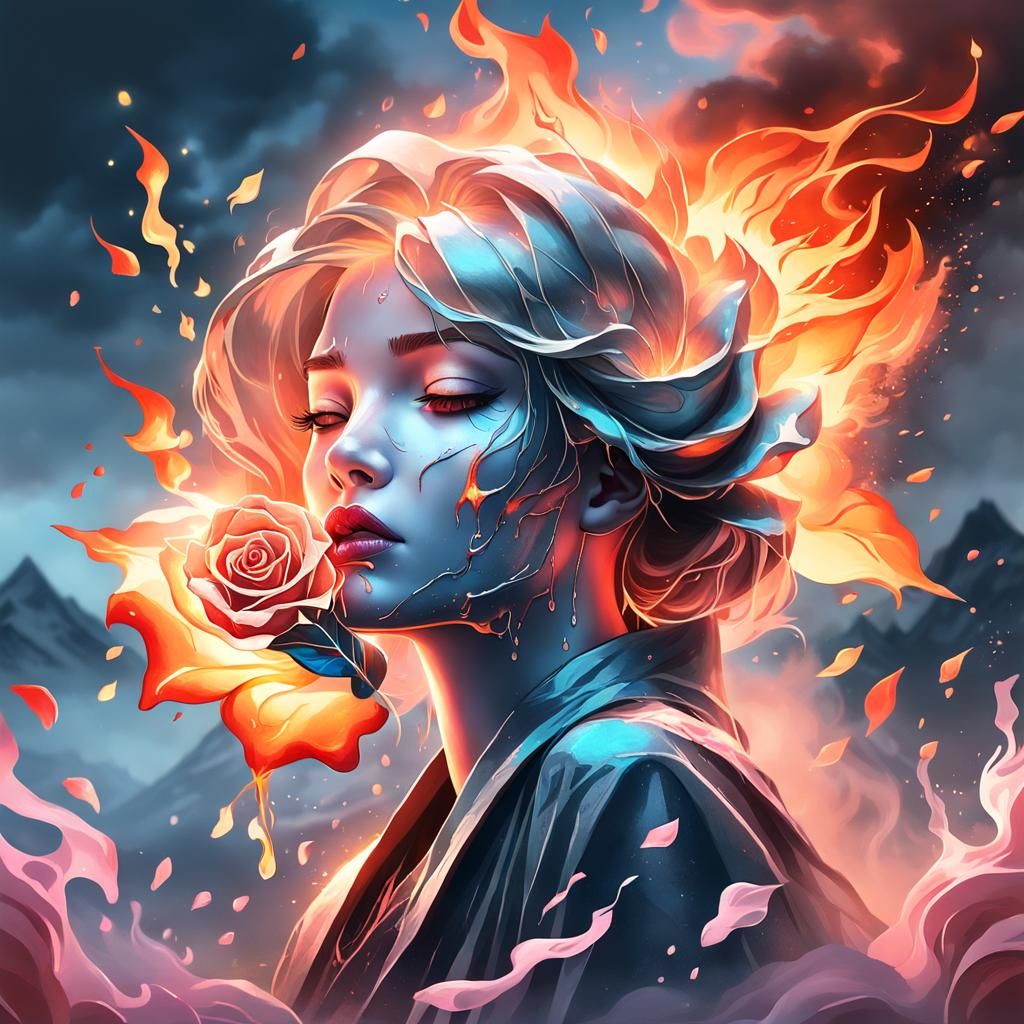Fiery Rose Portrait with Smoke and Water in Art Deco Style