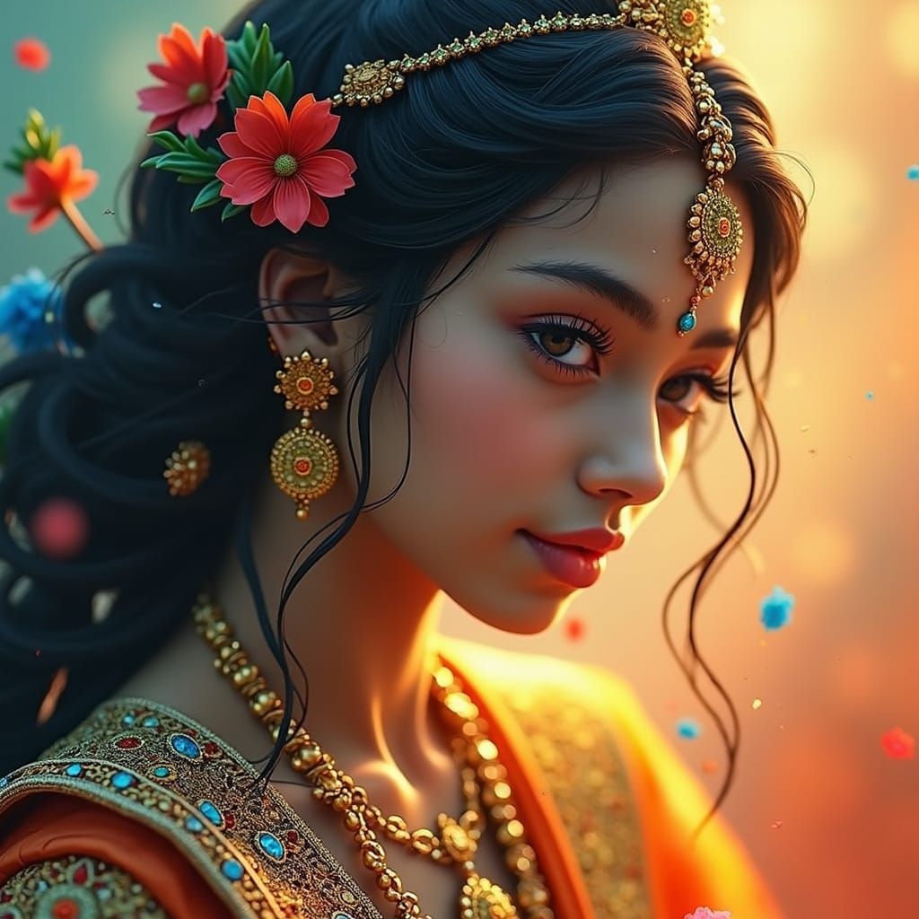 Beautiful Hindu Girl in Fantasy Indian Art Style
