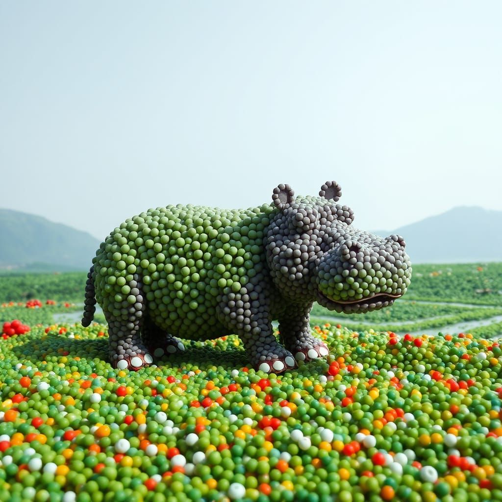 Beaded Hippopotamus Sculpture in Beaded Landscape