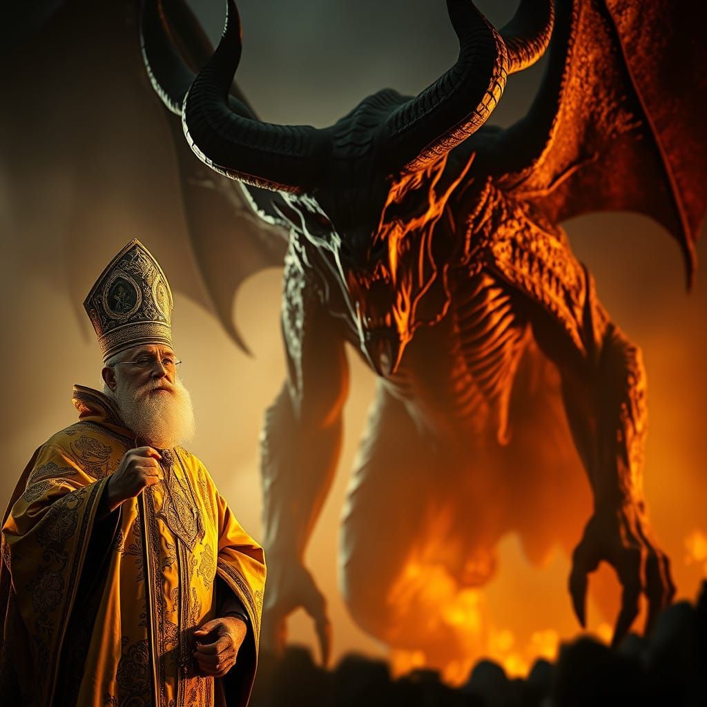 Golden Priest Confronts Colossal Demon from Hell's Fiery Por...