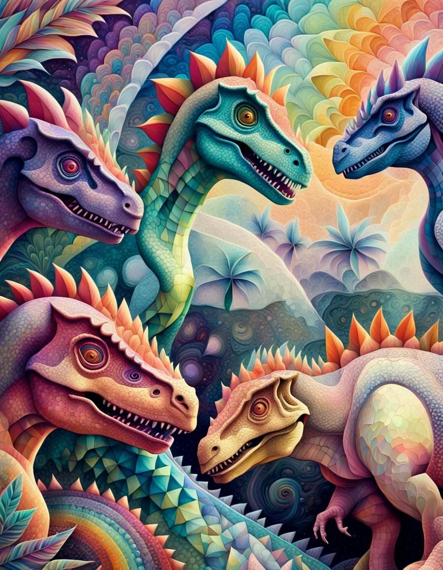 Cubist Visions of Dinosaur Fractals in Ethereal Dreamscape