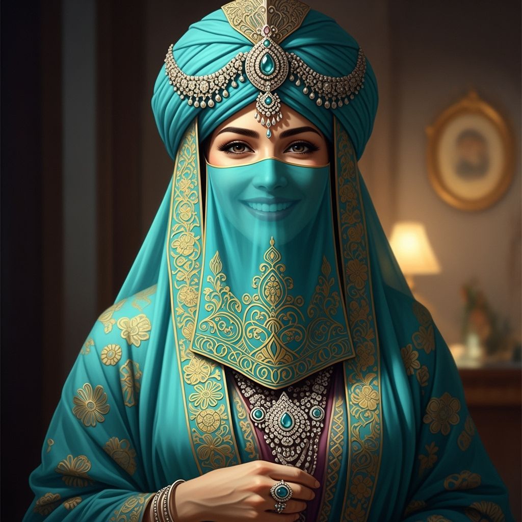 Woman in Jeweled Turquoise Niqab and Turban Smiling