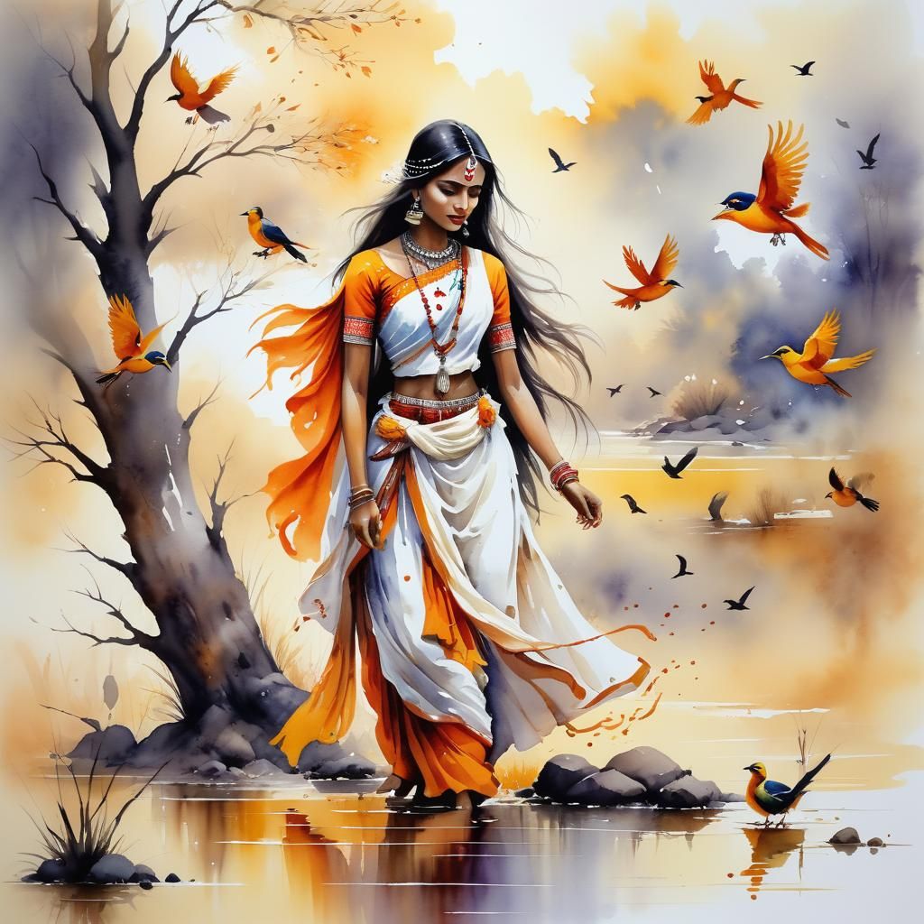 Watercolor painting of a beautiful Indian woman standing in ...