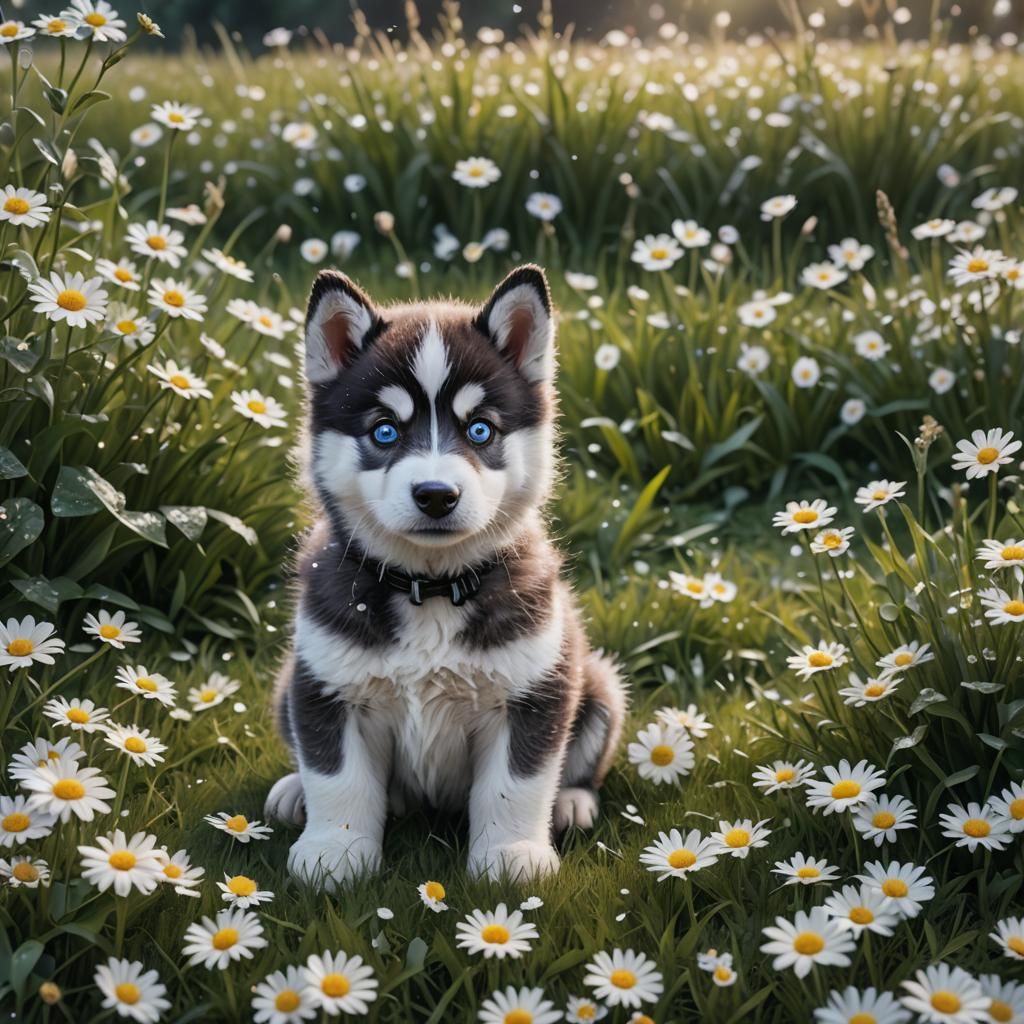 Cute Husky Puppy with Daisies: Fantasy Concept Art