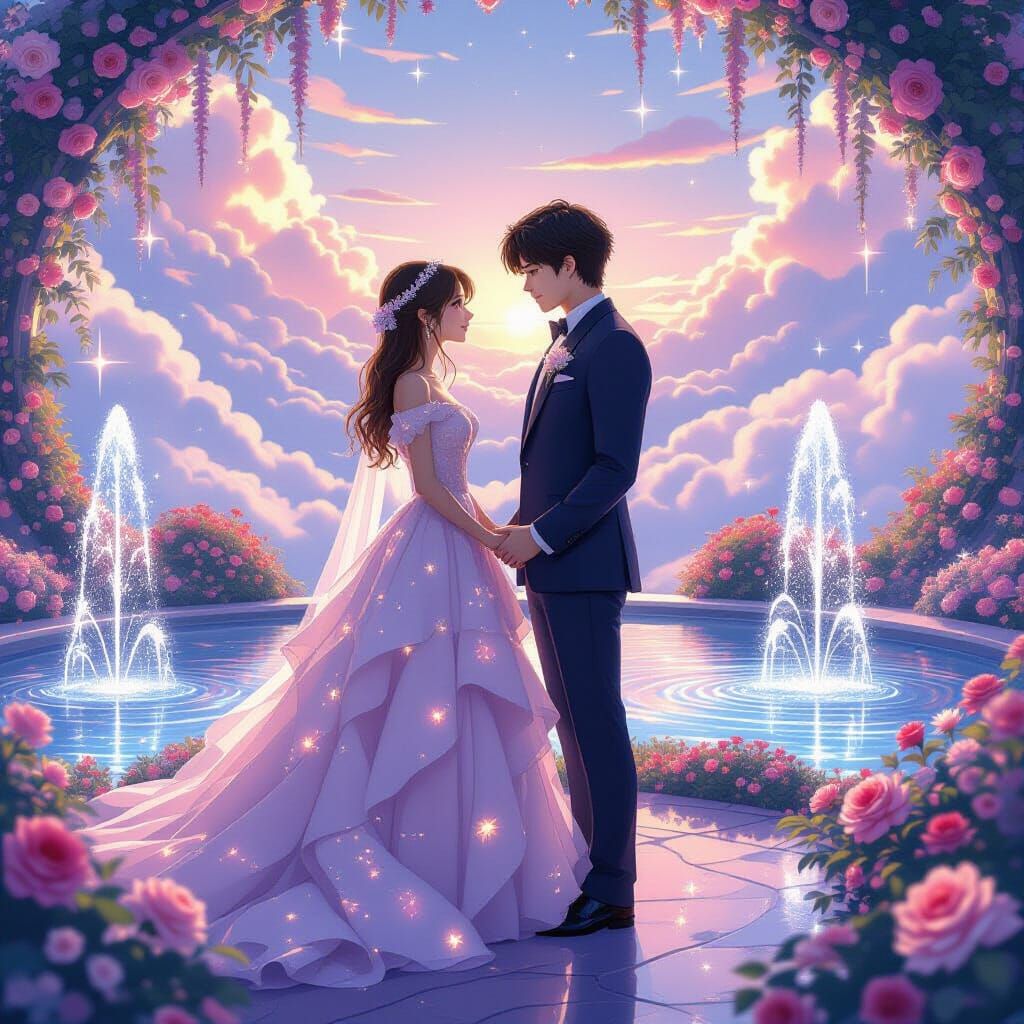 Couple in Floating Garden with Glowing Flowers