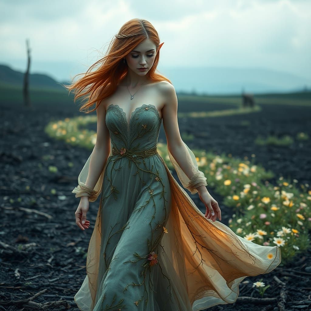Ethereal Elf Woman Brings Life to Barren Land