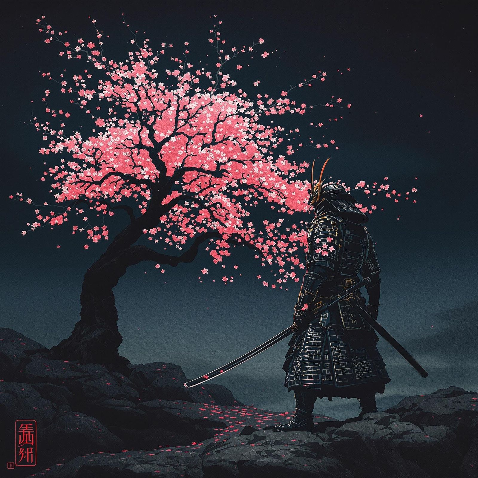 Samurai Under Sakura Tree in Ukiyo-e Style