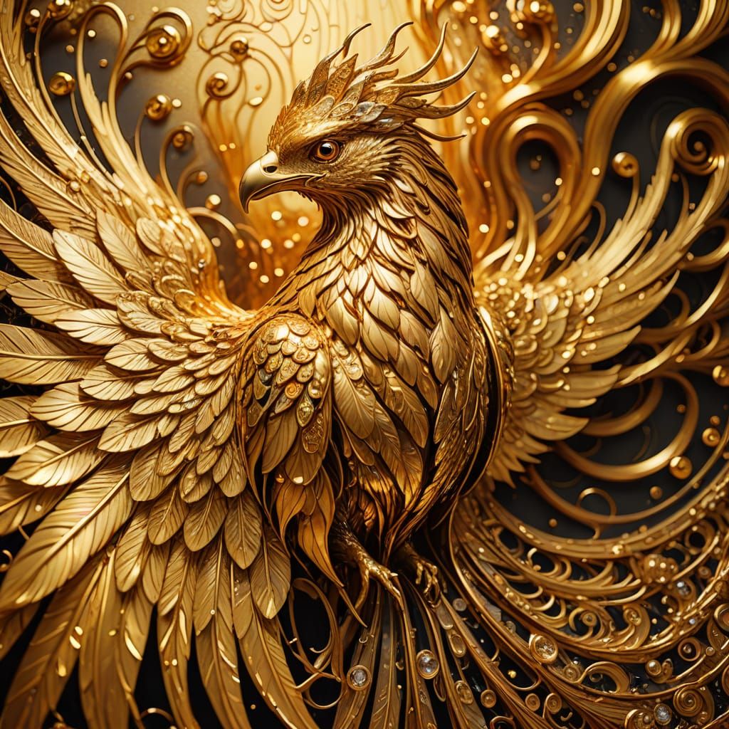 Golden Phoenix Metamorphosis in Art Nouveau Style