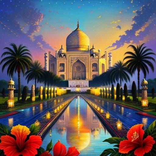 Taj Mahal Mosaic Oil Painting in Hyperreal Style