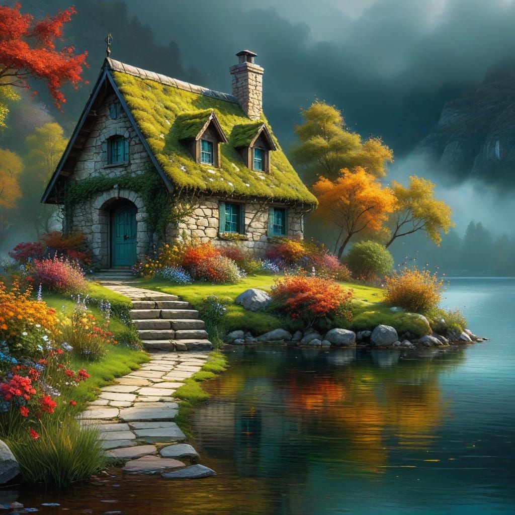Autumn Cottage by the Lake in a Dreamy Oil Painting Style