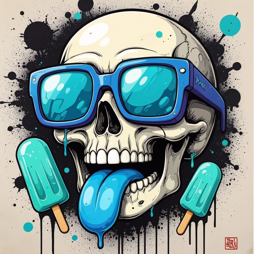 Melting Skull with 3D Glasses in Playful Style