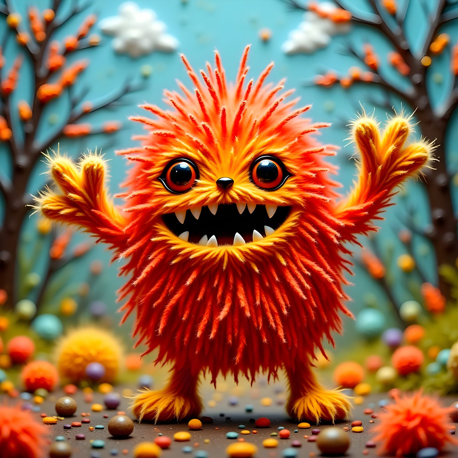 Whimsical Yarn Pom Pom Monster in Digital Painting Style