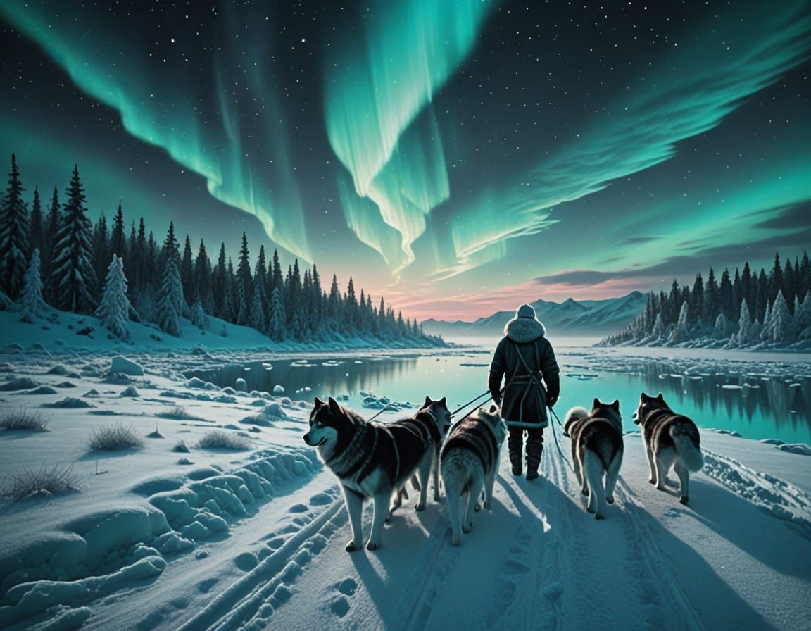 Eskimo Man and Sled Dogs Under Northern Lights