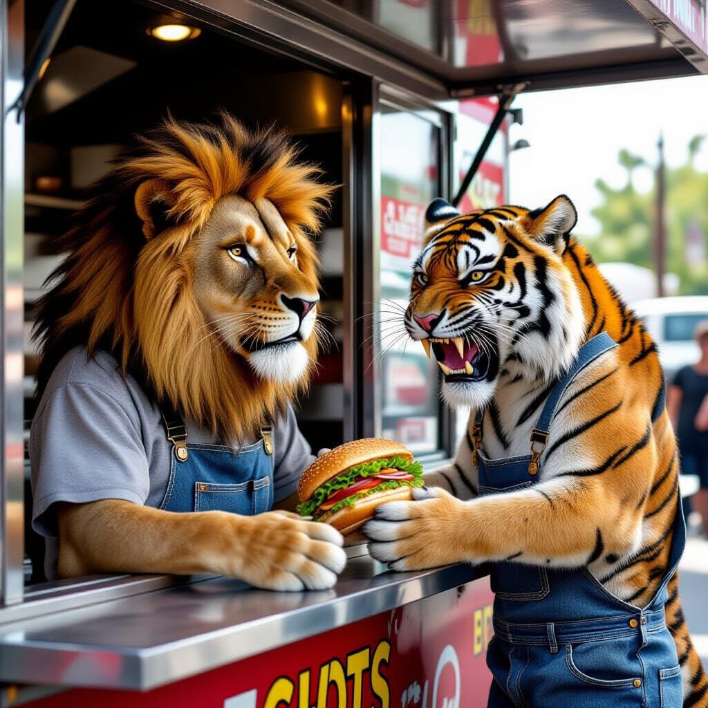 Lion Food Truck Serving Tiger, Photorealistic
