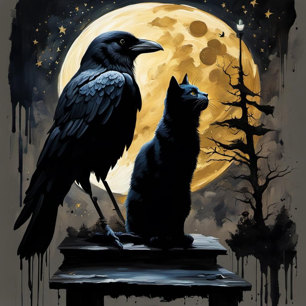 Crow and Cat Moon Gaze as Matte Painting
