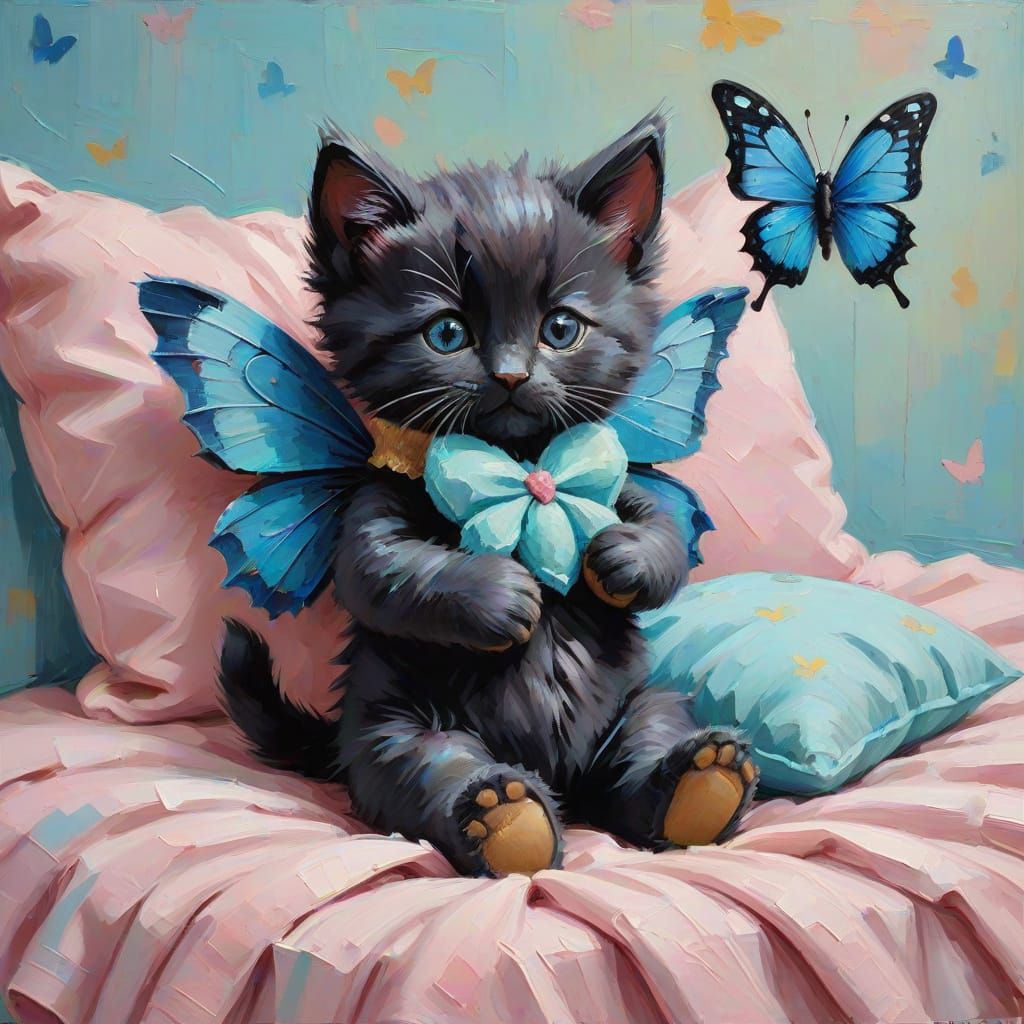 Whimsical Neo-Expressionist Kitten Hugs Teddy Bear