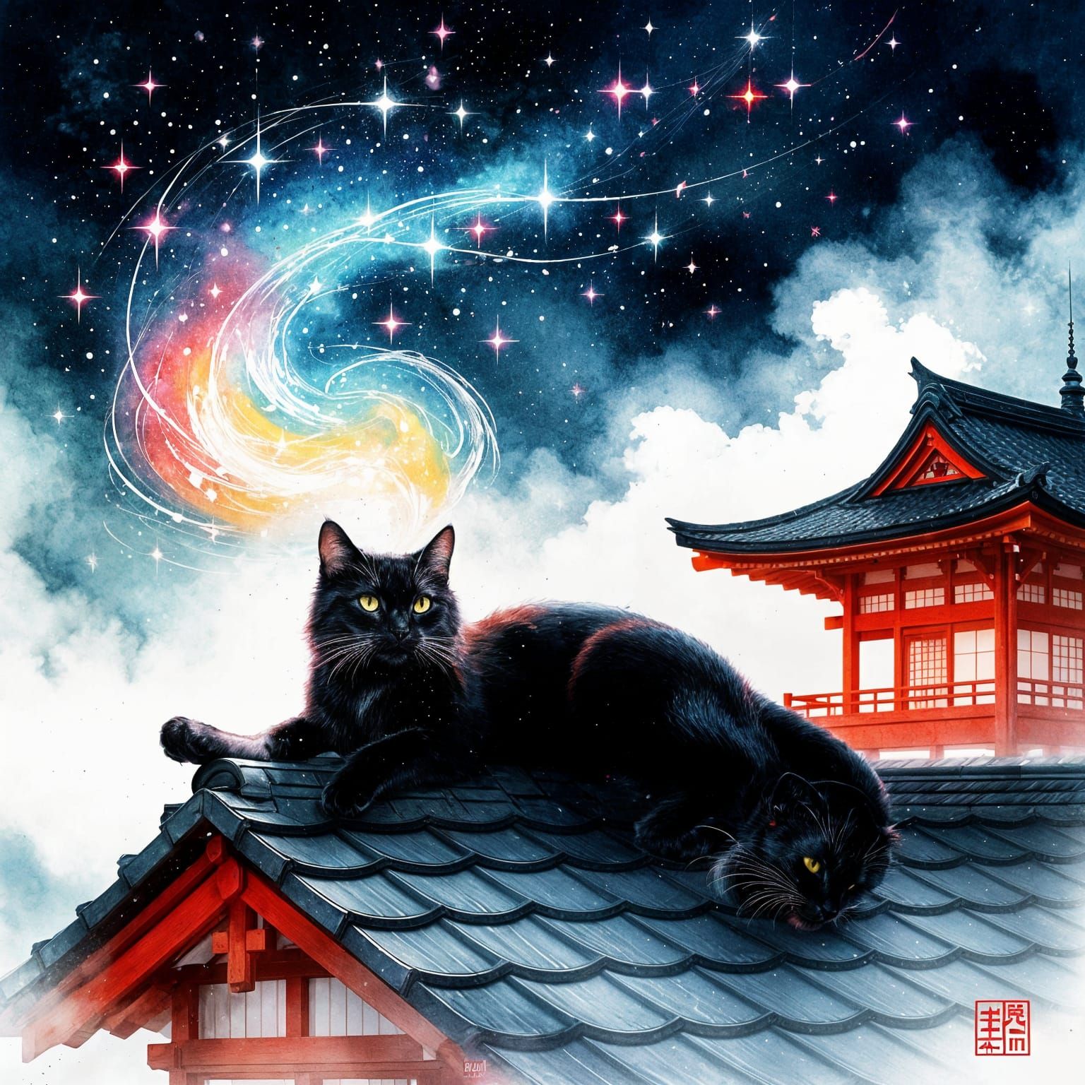 Black Cat on Japanese Roof Under Starry Night
