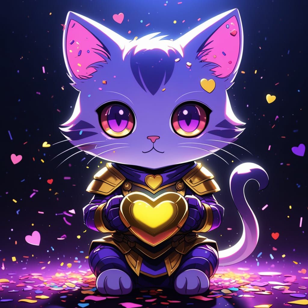 Armored Chibi Cat with Electric Heart in Synthwave Tavern