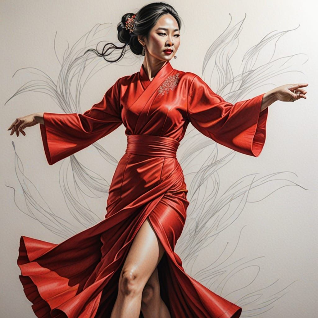 Dynamic Pencil Sketch of Asian Woman Dancing