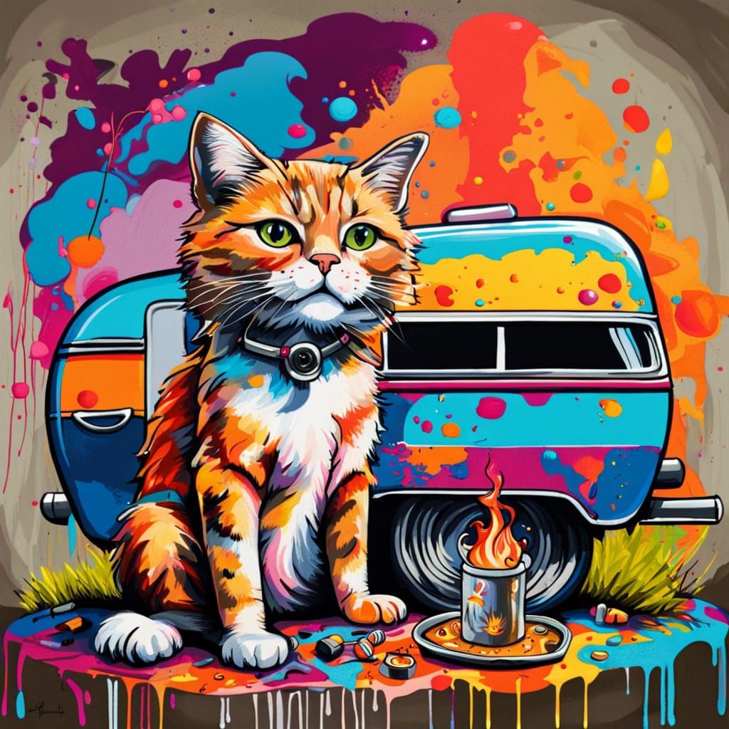 Lady Cat Camping on a Sunny Day in Graffiti Art Style