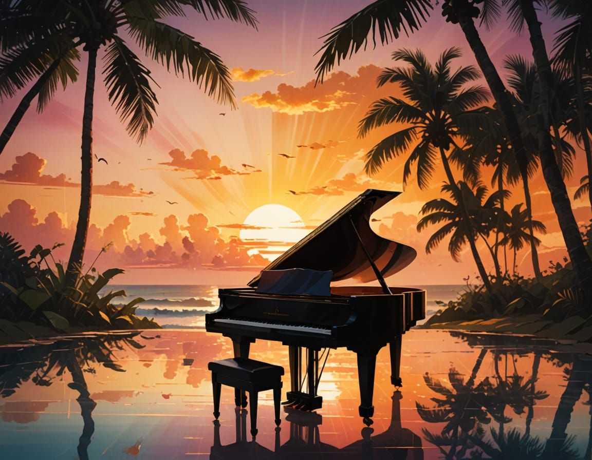 Tropical Sunset Piano Silhouette in Vibrant Oil Painting Sty...