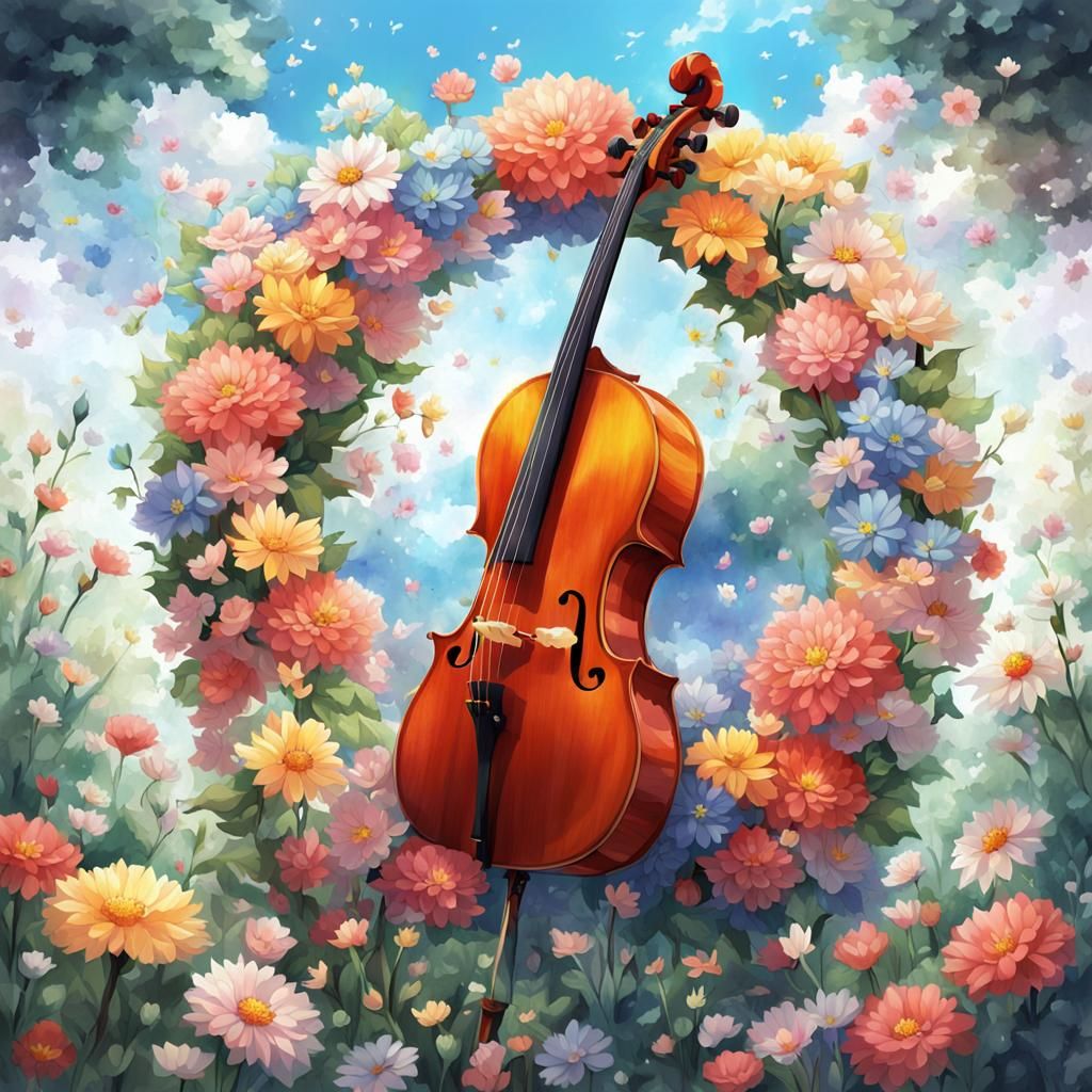 Cello Surrounded by Flowers in Anime Style