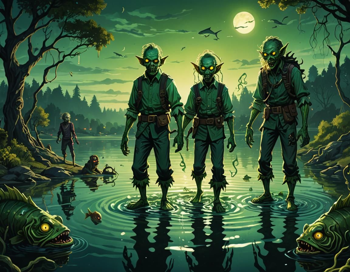 Dark Fantasy Zombies Fishing at a Lake