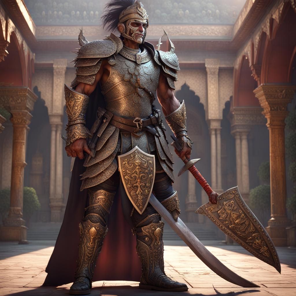 Warrior with Battleaxe in Royal Courtyard, Dark Fantasy Art