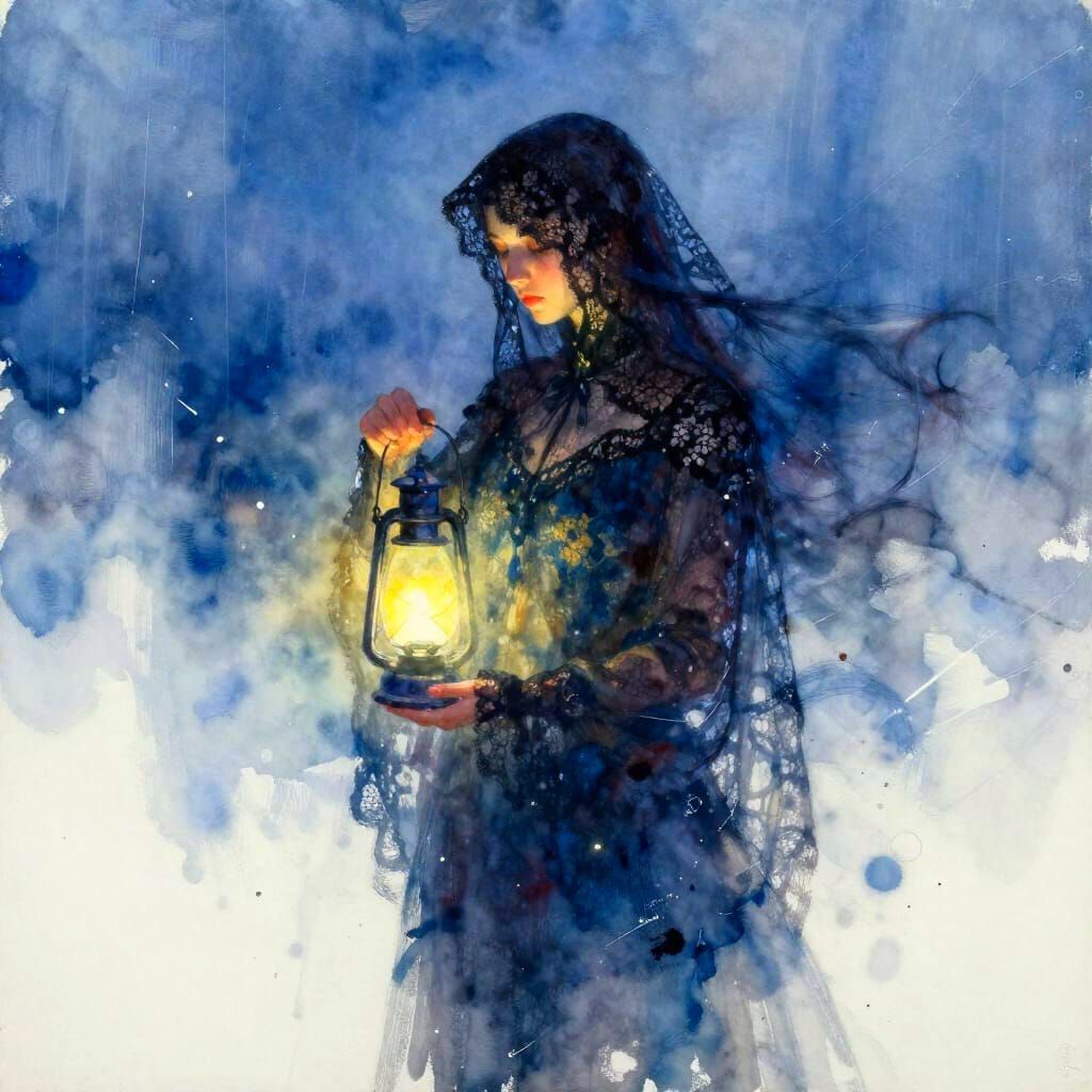 Ethereal Widow's Lantern in Stormy Indigo Washes