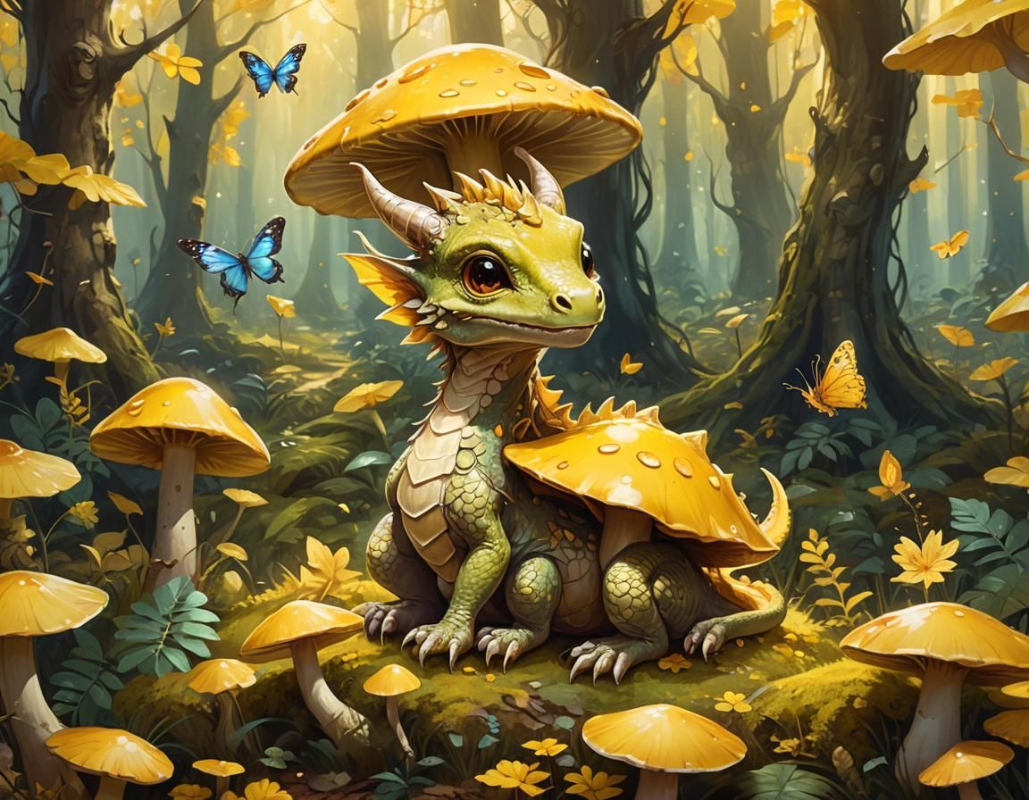 Cute Dragon in Yellow Mushroom Forest: Digital Art