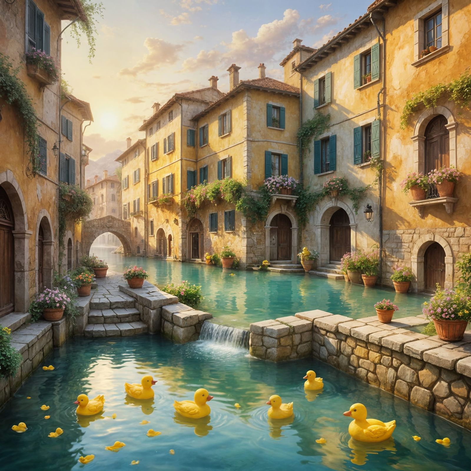 Idyllic Italian Fountain Scene with Rubber Ducks in Oil Pain...