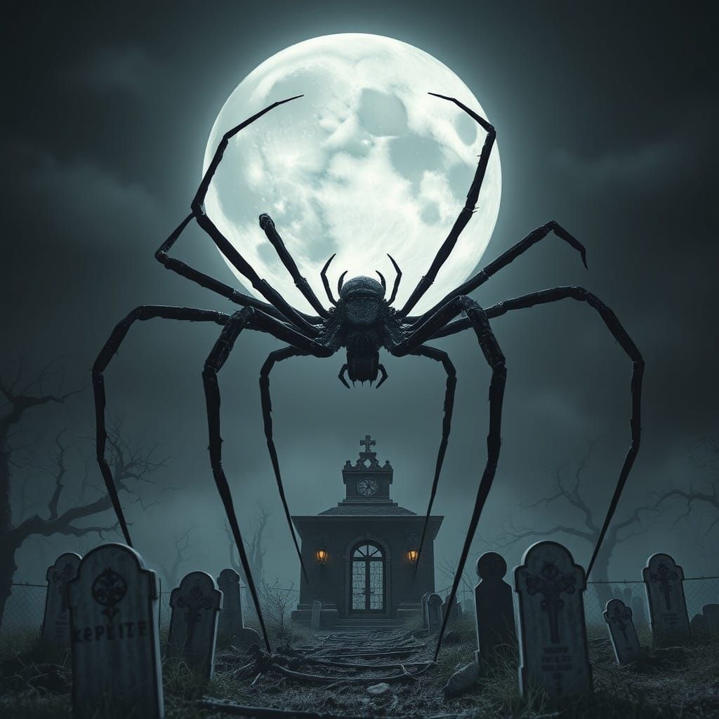 Ghost Spider Haunts Cemetery Under Grey Moon