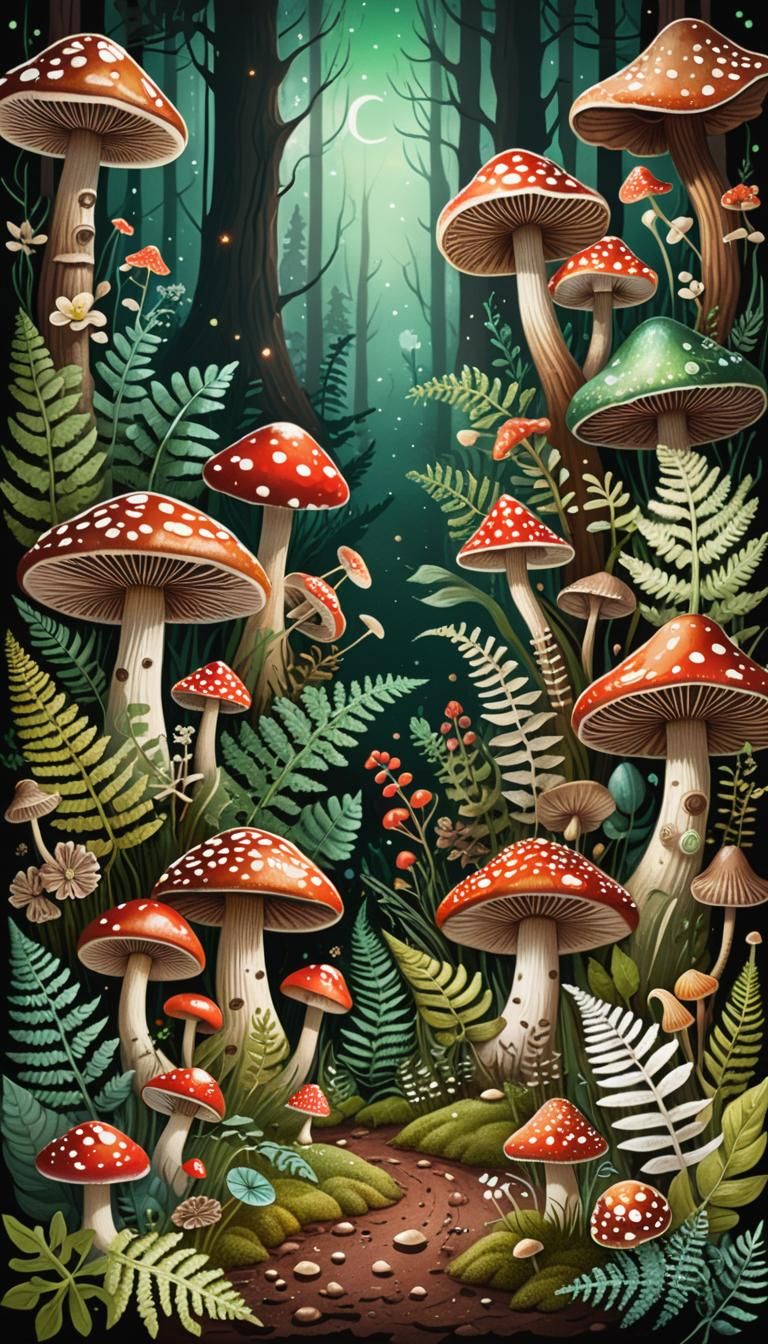 Enchanted Woodland Scene with Mushrooms and Snails
