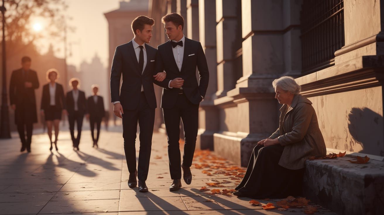 Poignant Scene: Couple and Elderly Woman in Oil Painting