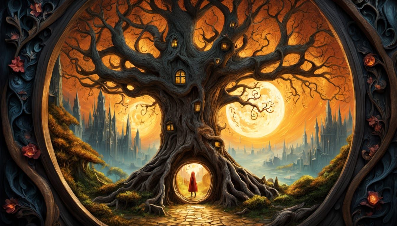 Elvish Tree City Portal: Surreal Expressionist Impasto