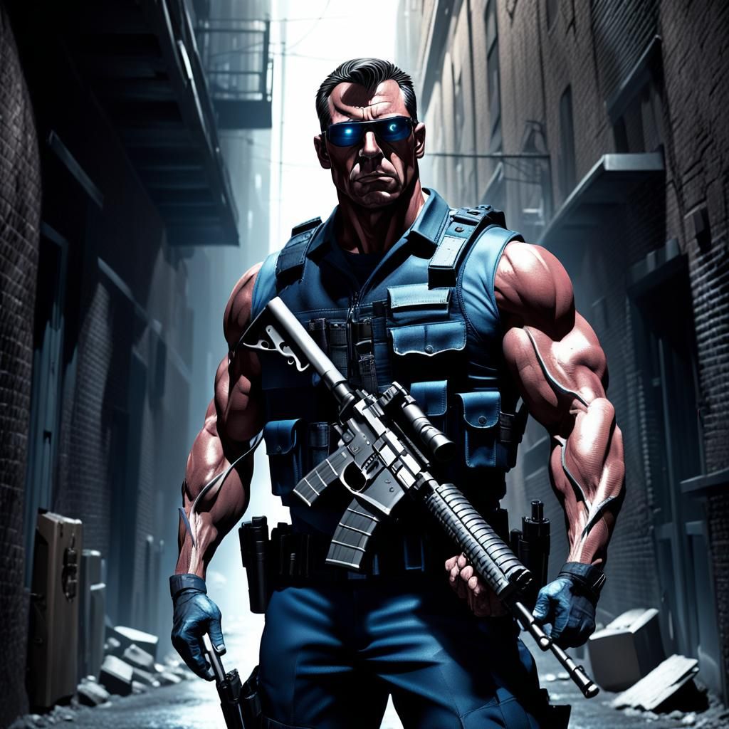 Hyper-Realistic Cop with AR15 in Dark Alley