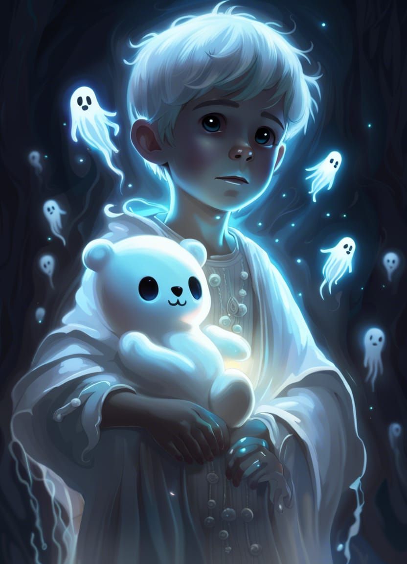 Glowing Ghost Boy with Teddy Bear