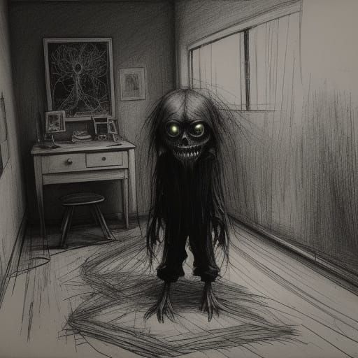 Child Draws Unsettling Creature in Dark Room Illustration