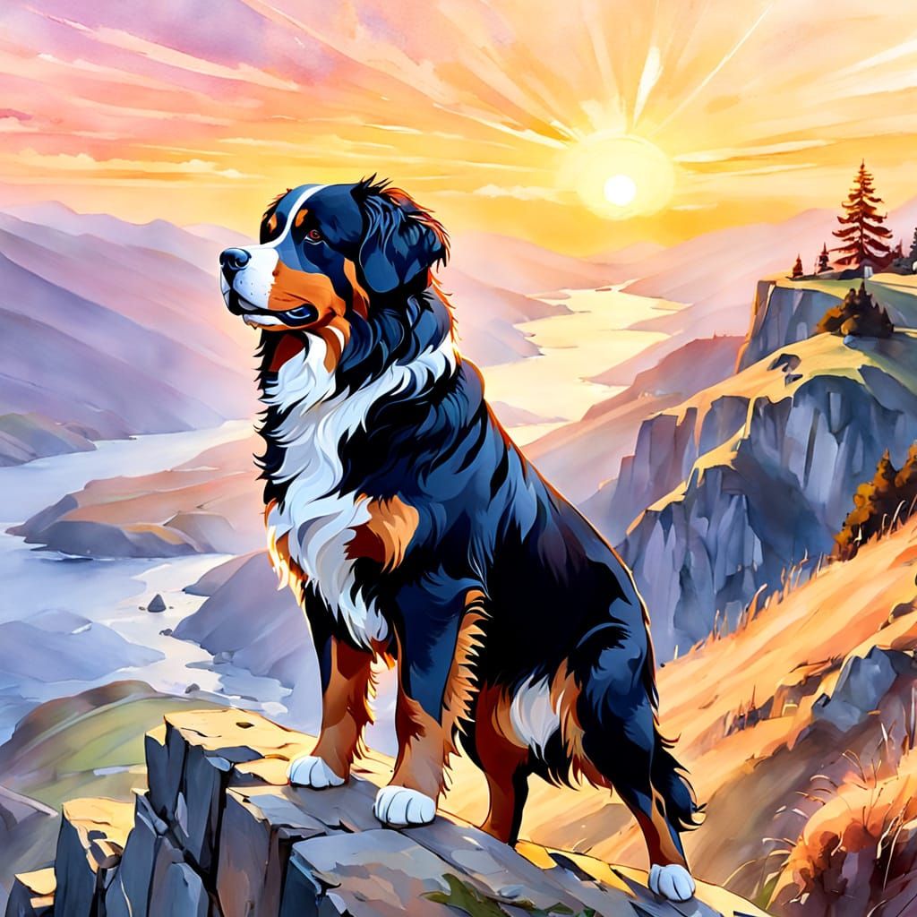 Bernese Mountain Dog Gazing Over Landscape in Watercolor